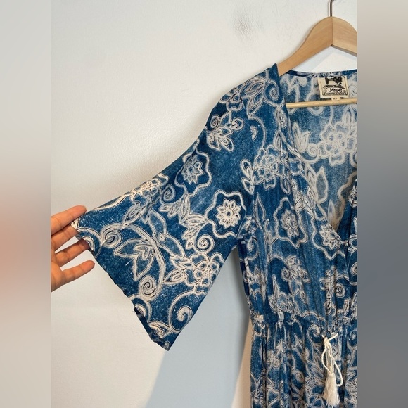 Jaase Wide Leg Jumpsuit Size XS Boho Downstring 3/4 Sleeve V-Neck Color Blue - Picture 6 of 12